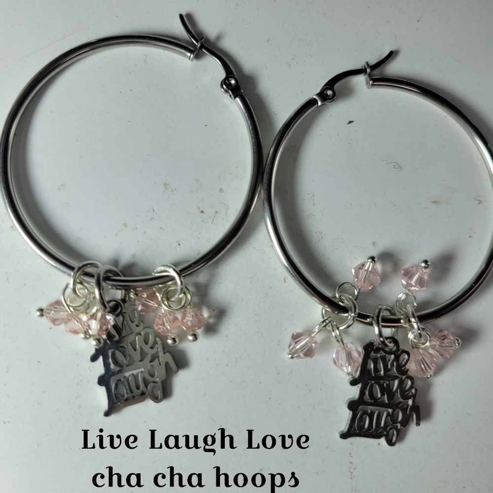 LIVE LOVE LAUGH Stainless Steel Hoop Earrings Pink Cha Cha Beads